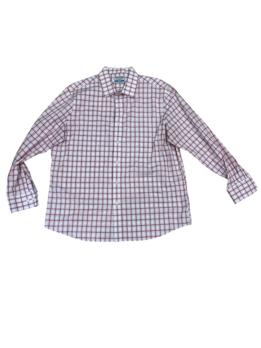 Haggar Slim Fit Button Down Dress Shirt Mens Size 17-17.5 Cotton Red White Plaid